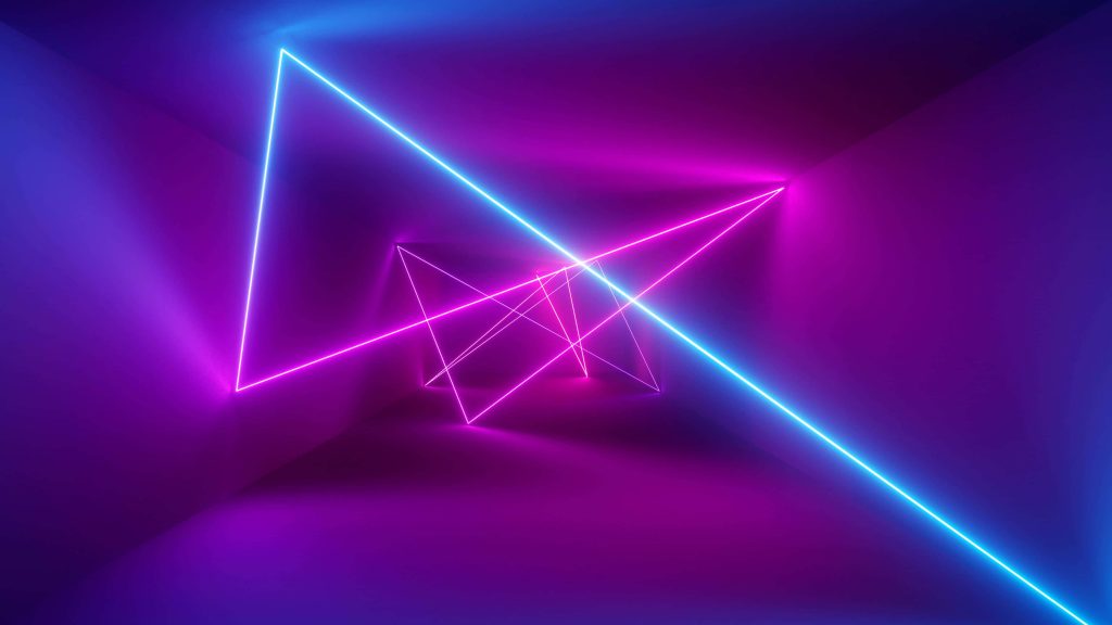 Vibrant neon blue and pink triangle wallpaper with glowing geometric lines in dark 3D space