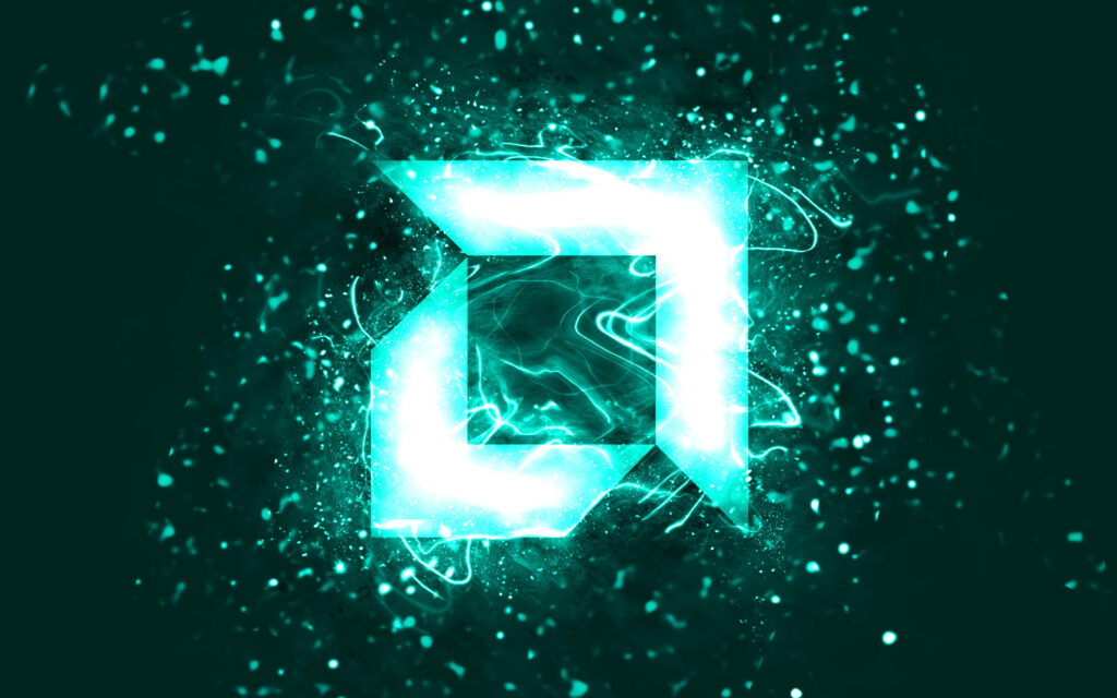 Vibrant neon turquoise AMD logo glowing with dynamic light effects and digital particles wallpaper