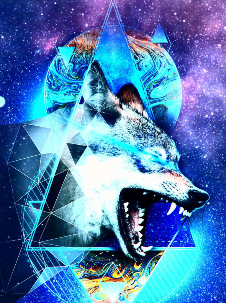 Vibrant Neon Wolf Wallpaper with Cosmic Geometric Design
