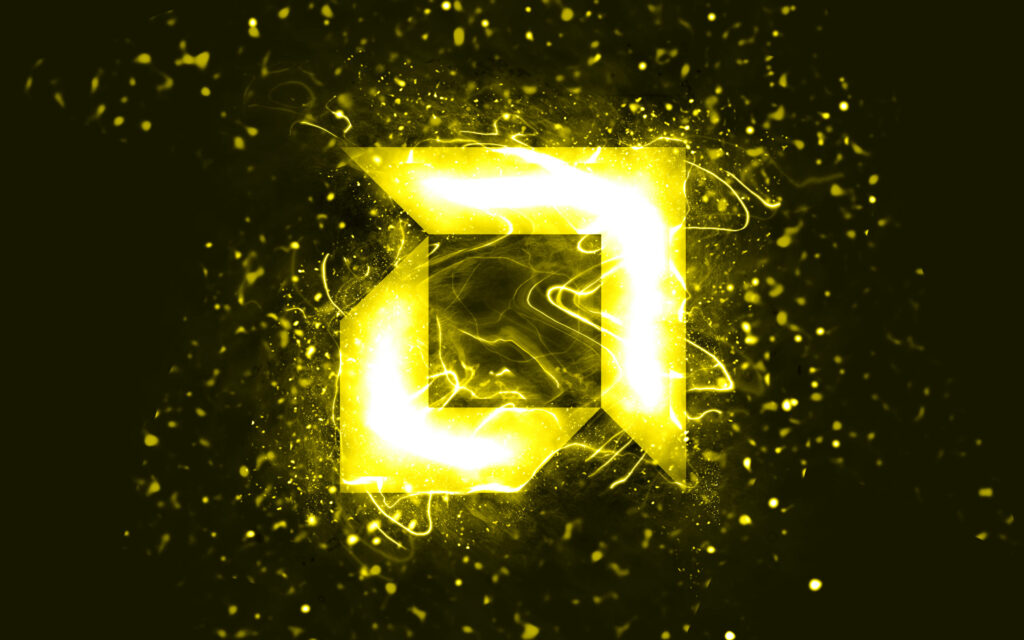 AMD logo glowing neon yellow on electric light background vibrant energetic wallpaper