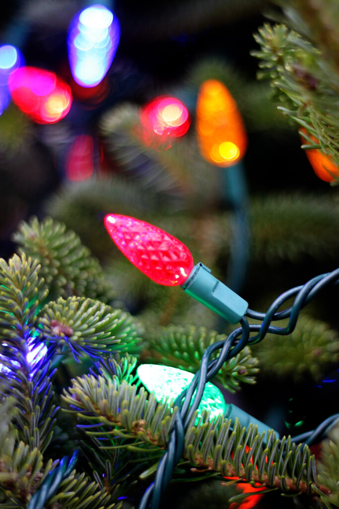 Vibrant Holiday Light Bulbs & Spruce Garland Wallpaper Background