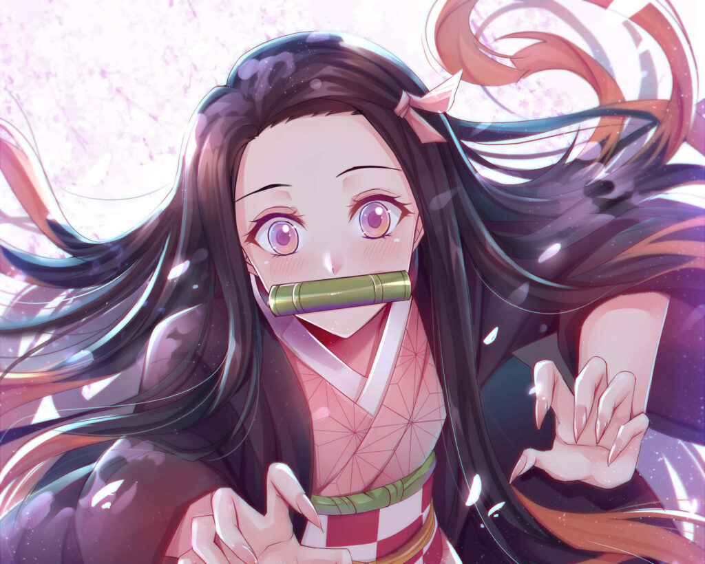 Nezuko Kamado Wallpaper: Dynamic Pose with Cherry Blossom Elegance