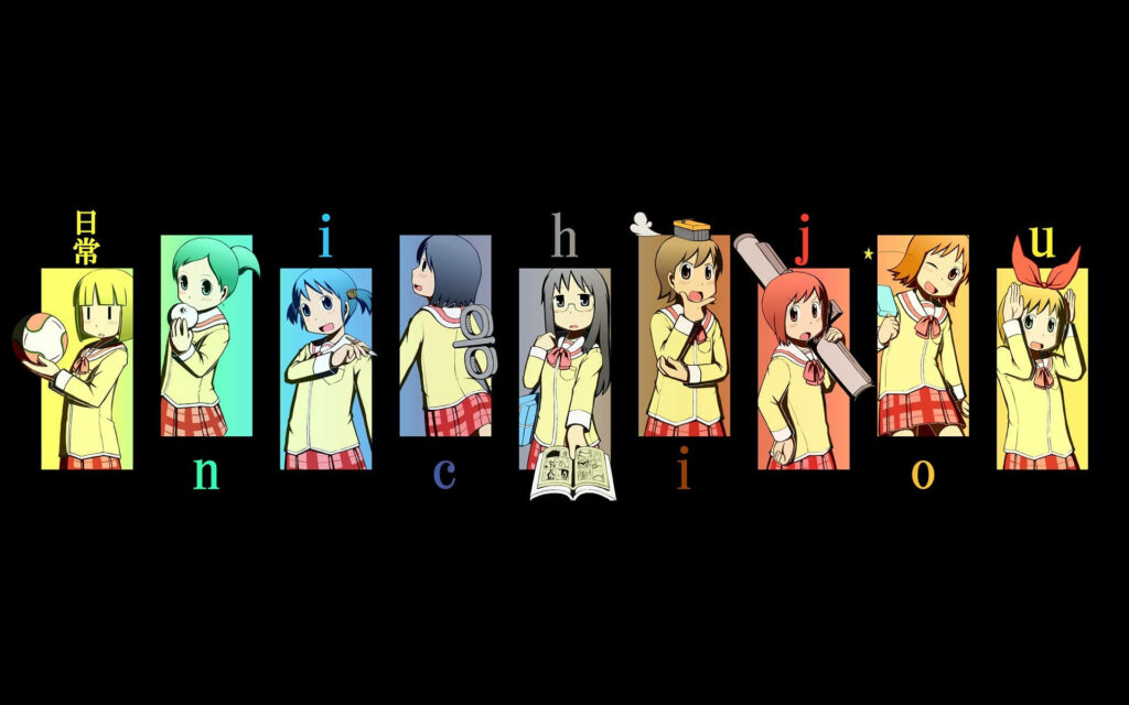 Vibrant Nichijou Character Collage Wallpaper on Black Background