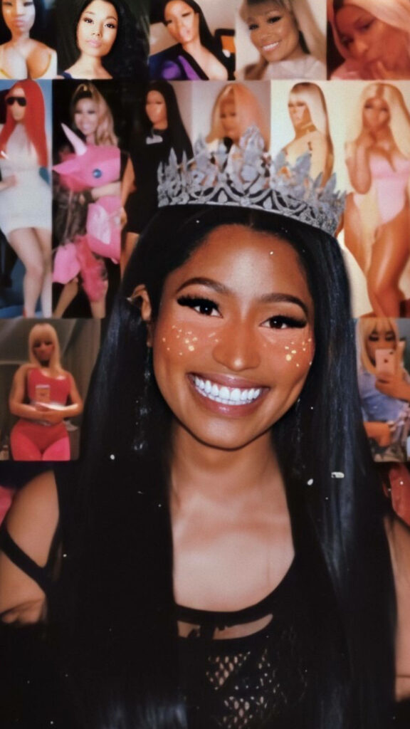 Vibrant Nicki Minaj Wallpaper: Crowned Collage of Iconic Looks