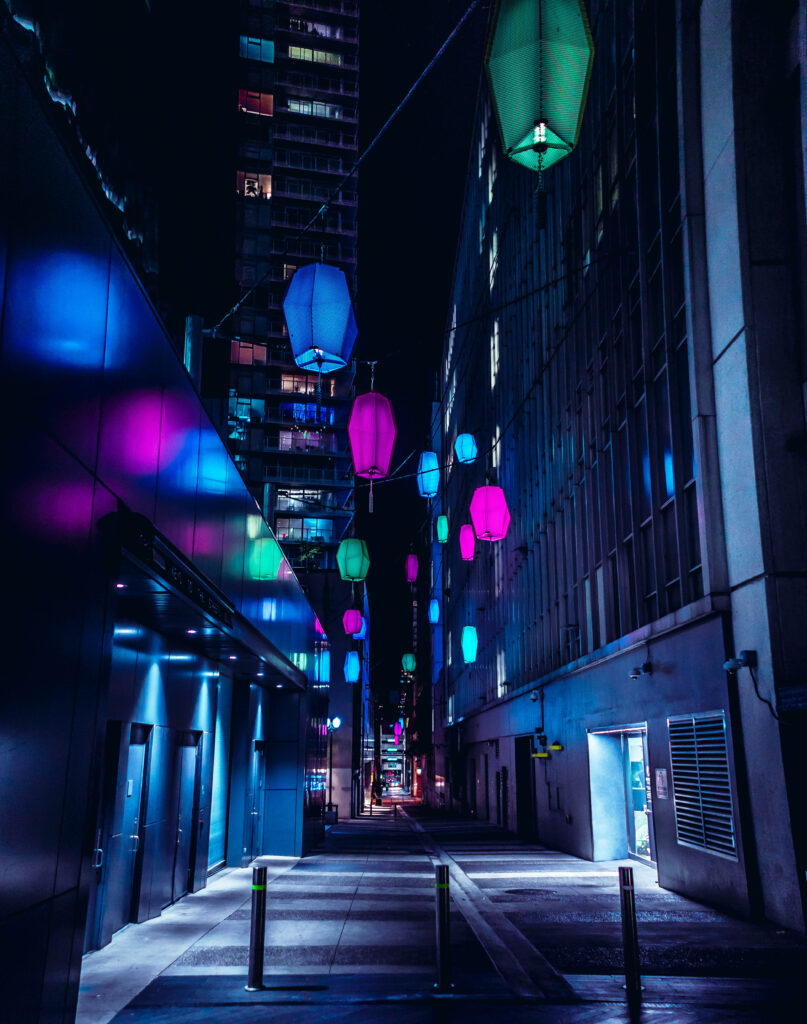Vibrant City Night Wallpaper: Colorful Lanterns & Modern Lights