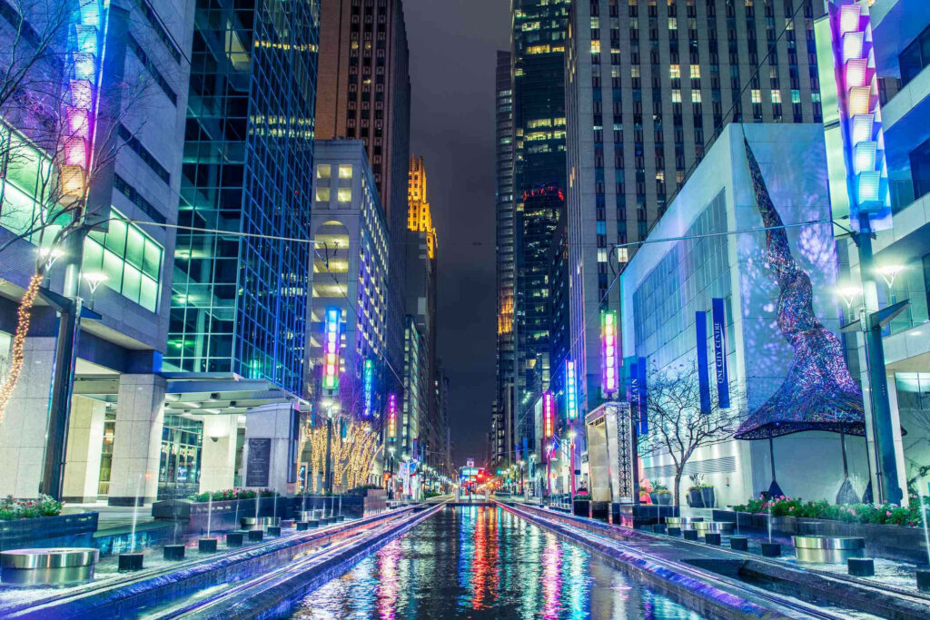 Vibrant Houston Nightscape: Illuminated Urban Wallpaper Background