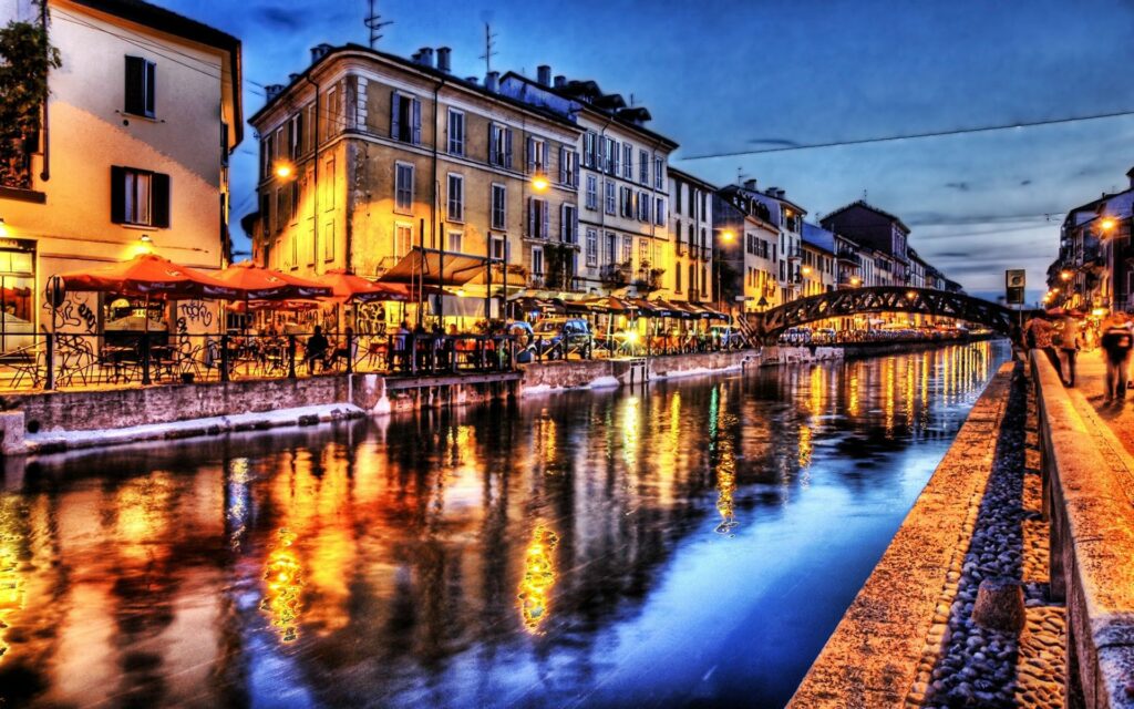 Vibrant Riverside Quay Night Scene HDR Wallpaper Background