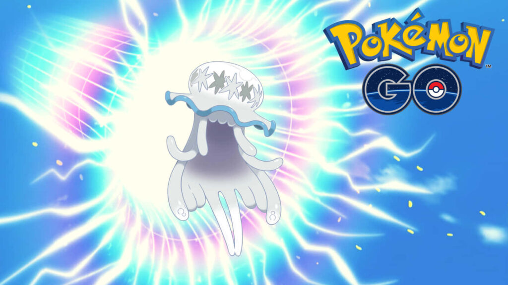 Vibrant Nihilego Wallpaper: Cosmic Ultra Beast & Pokémon GO Logo