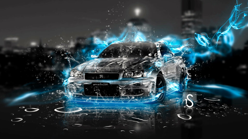 Vibrant Nissan GTR Wallpaper with Neon Effects and Cityscape Background