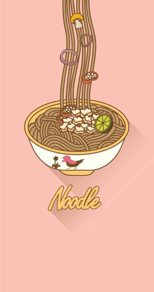 Vibrant Noodle Bowl Wallpaper: Playful Digital Art on Pastel Background