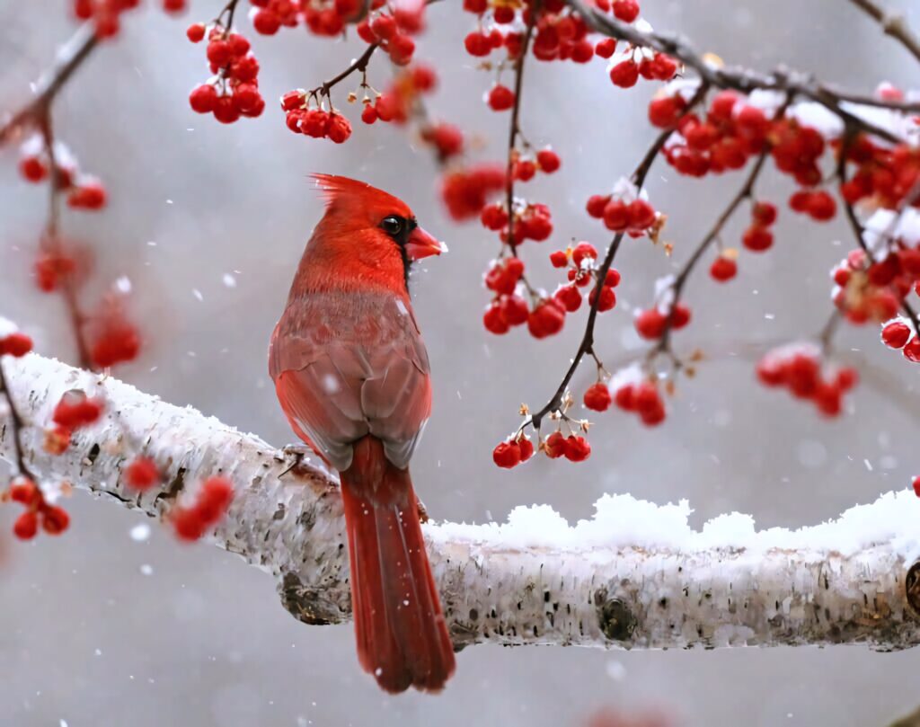 Bright Northern Cardinal perched on snowy branch with red berries winter wildlife wallpaper background