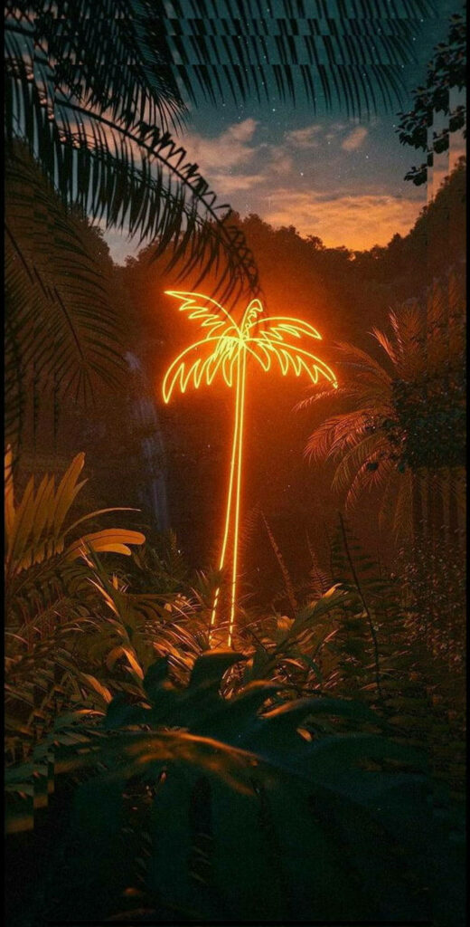 Glowing Palm Paradise: Vibrant Neon Orange Lights Set the Mood in this Aesthetic Background Photo Wallpaper