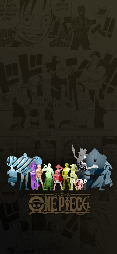 Vibrant One Piece Character Collage: Colorful iPhone Wallpaper on Gray Background