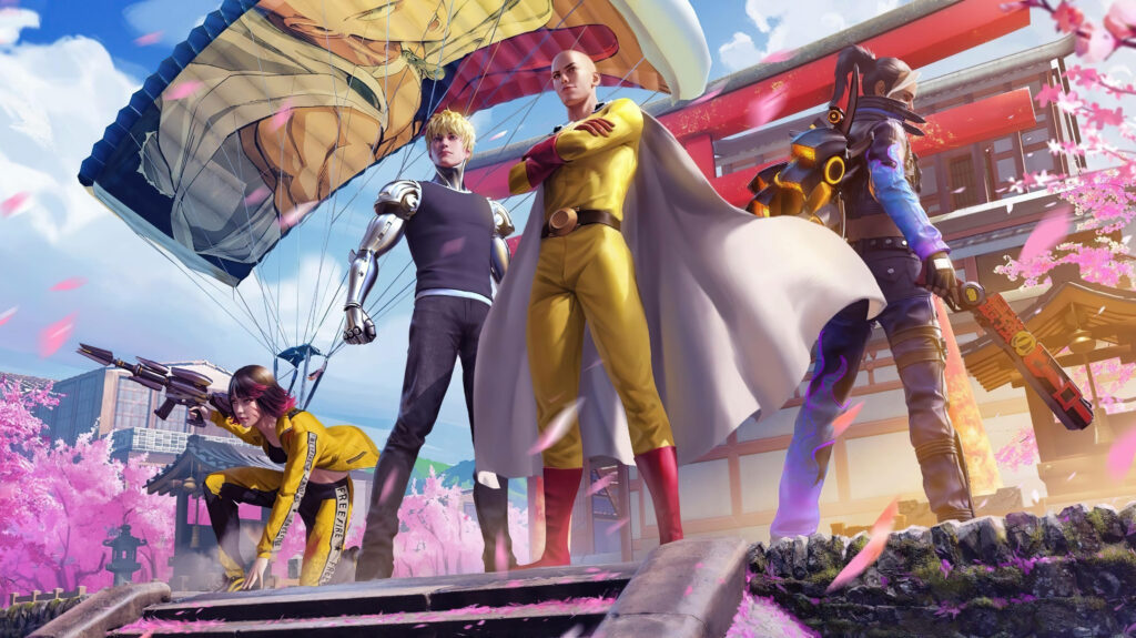 Vibrant One Punch Man & Free Fire Wallpaper: Saitama & Genos Action