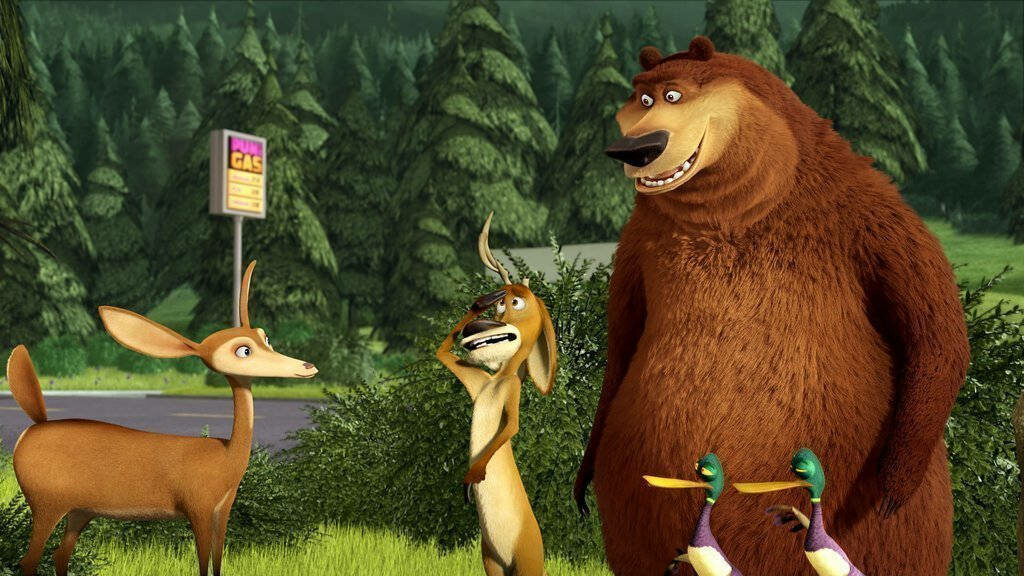 Playful Open Season Wallpaper: Bear, Deer, Rabbit & Ducks in Forest