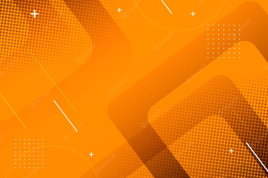 Vibrant orange abstract wallpaper with geometric gradient halftone dots lines and plus symbols