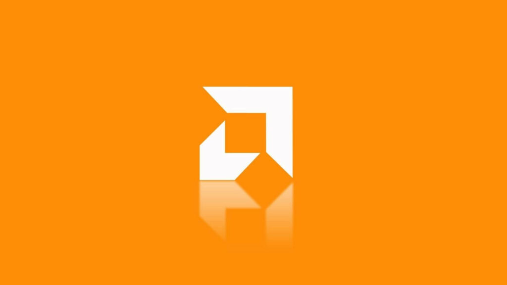 White AMD logo centered on vibrant orange background modern energetic wallpaper design
