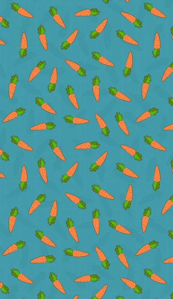 Playful wallpaper with vibrant orange carrots and green tops on a lively blue background