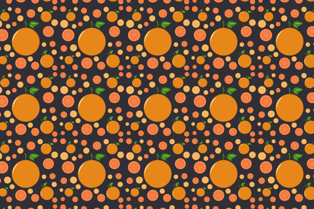 Vibrant orange and citrus slice pattern on dark charcoal background digital wallpaper design
