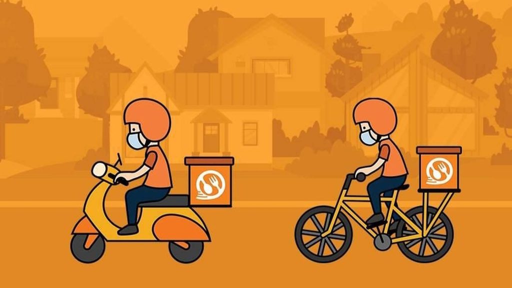 Orange vector art of masked food delivery couriers on scooter and bicycle in suburban area Wallpaper