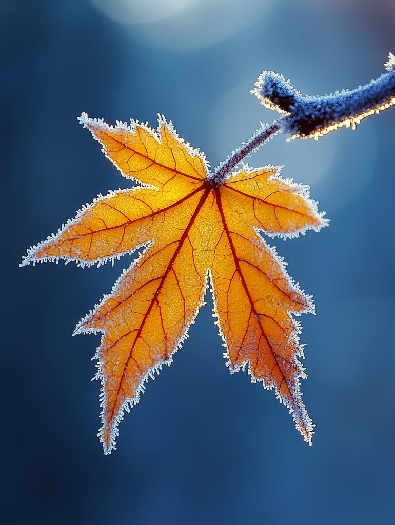 Frosted Orange Maple Leaf Wallpaper on Blue Background
