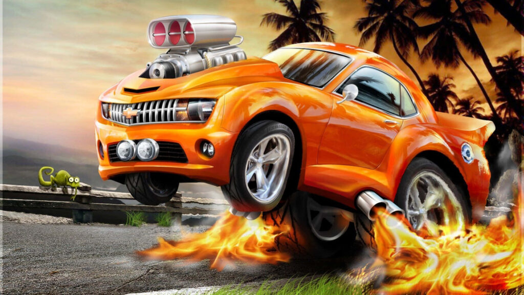 Vibrant Orange Muscle Car Wallpaper: 3D Thrill on Tropical Road