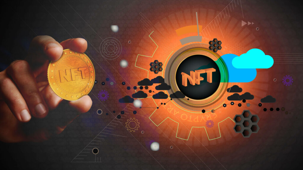 Vibrant orange NFT coin wallpaper with futuristic tech and abstract cryptocurrency graphics background