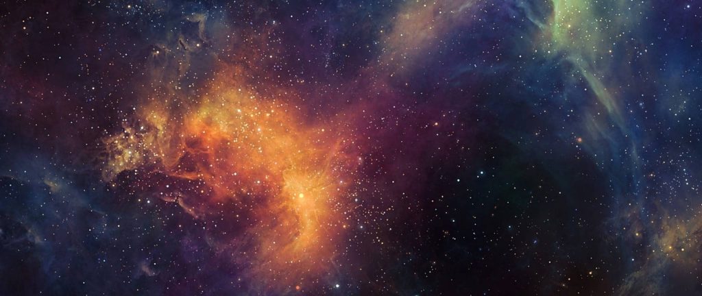 Vibrant glowing orange nebula with shimmering stars and gas clouds in deep black galaxy background Wallpaper