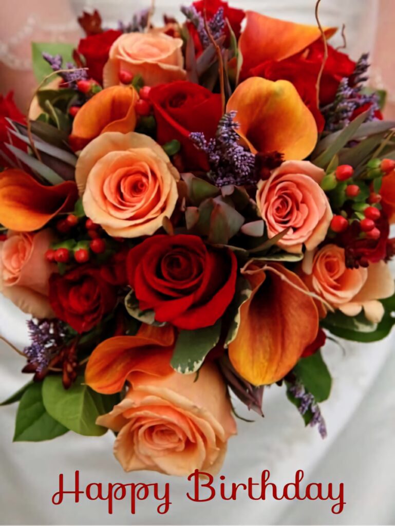 Vibrant Orange & Red Rose Bouquet: Happy Birthday Greeting Image Wallpaper
