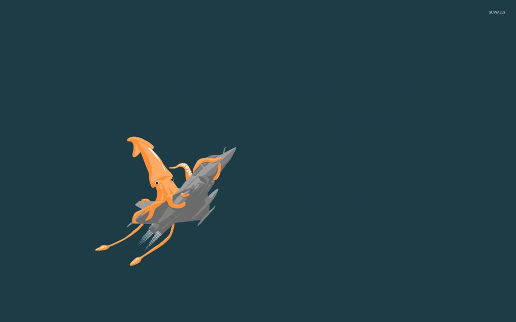 Minimalist vector of vibrant orange squid wrapping tentacles around grey fighter jet on teal background Wallpaper