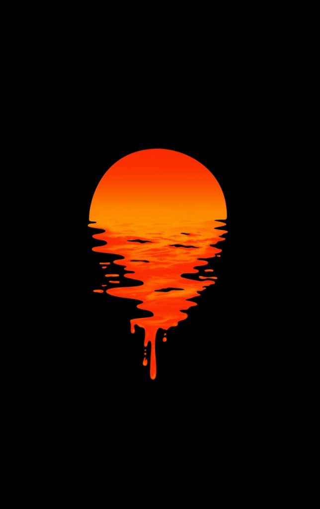 Minimalist orange sun with surreal liquid drip on deep black background dark wallpaper design