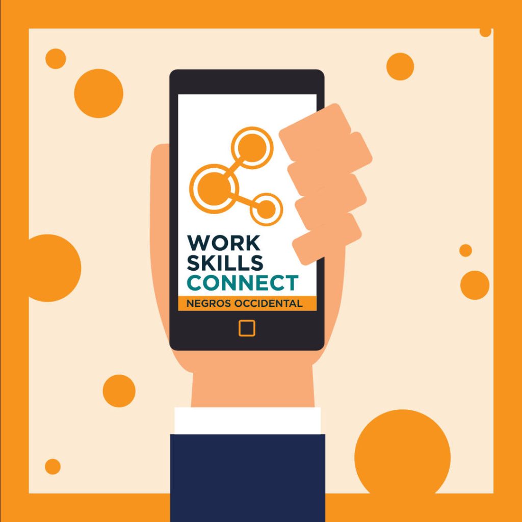 Hand holding smartphone showing Work Skills Connect Negros Occidental on orange background Wallpaper