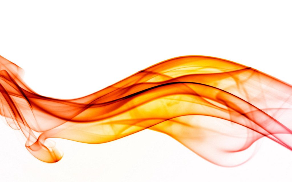 Abstract wallpaper with vibrant orange and yellow smoke swirls on a white minimalist background