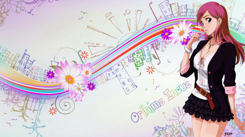 Vibrant Orihime Inoue Wallpaper with Colorful Floral & Urban Design