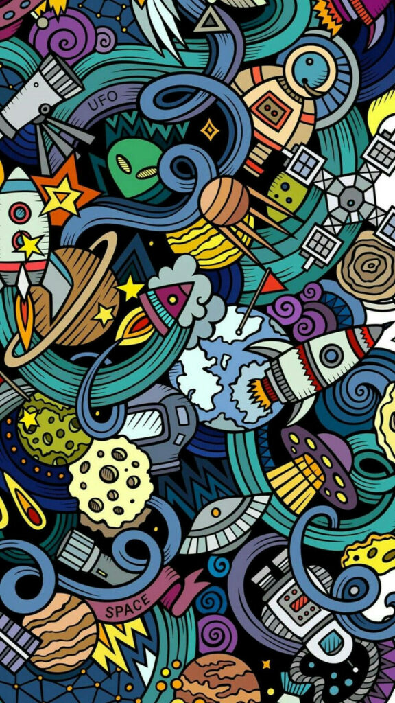 Colorful outer space pop art wallpaper with UFOs planets rockets aliens and asteroids cartoon style