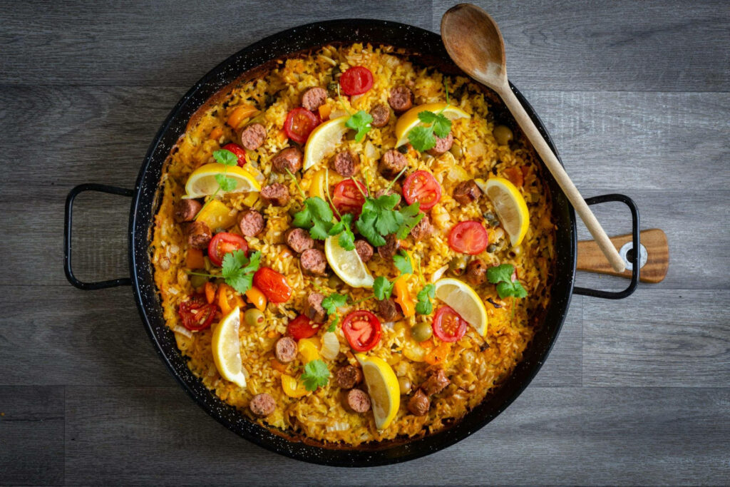 Vibrant Paella Wallpaper: Fresh Ingredients & Rustic Charm