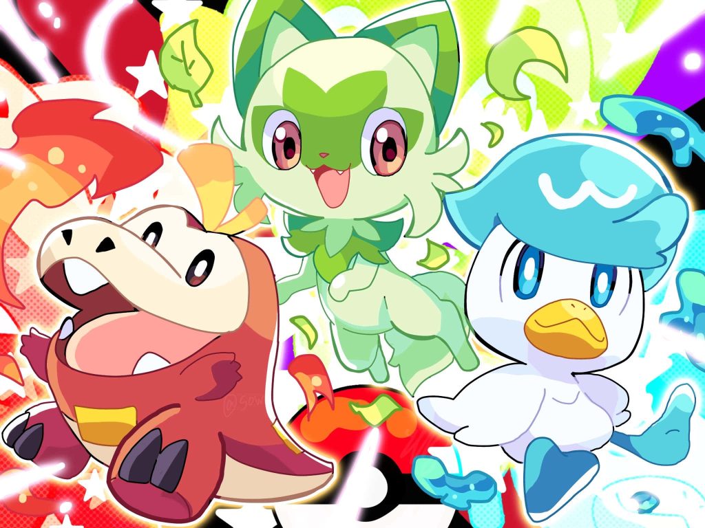 Vibrant 2D animated wallpaper of Paldea starters Fuecoco Sprigatito and Quaxly with stars