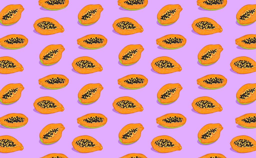 Colorful Aesthetic Papaya Wallpaper on Bright Purple Background