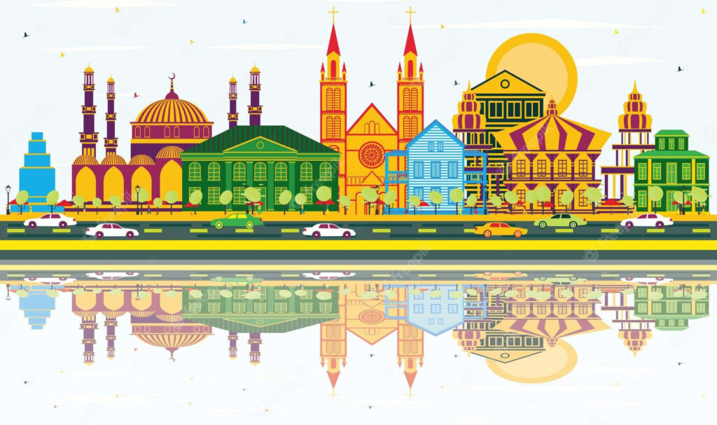 Vibrant Paramaribo Skyline: Colorful Architecture & Reflections Wallpaper