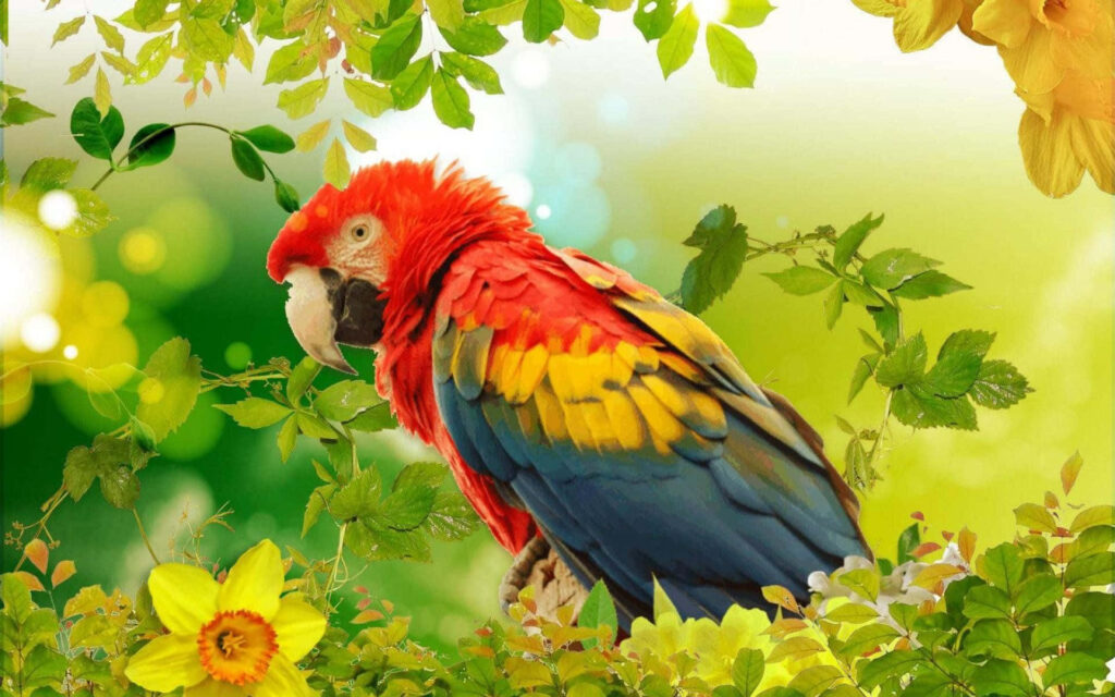 Vibrant Parrot on Branch: Cheerful Wallpaper with Green Leaves & Flowers