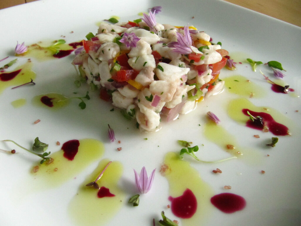 Elegant Peruvian Halibut Ceviche: Colorful Dish Wallpaper Background