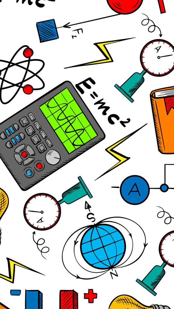 Colorful physics symbols and equipment doodle pattern on white background wallpaper design