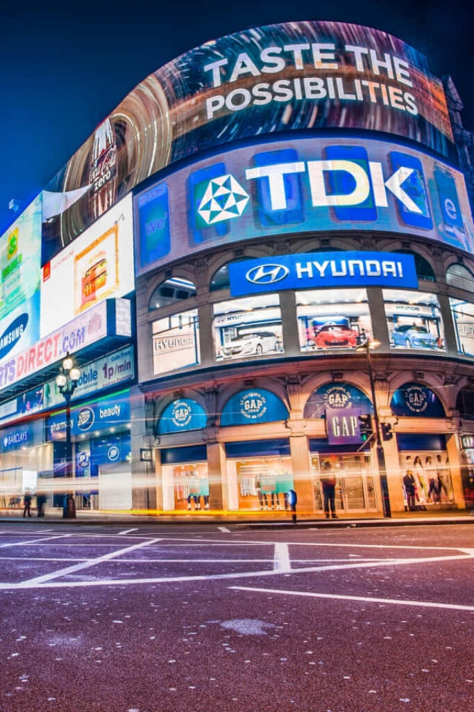 Vibrant Low-Angle Piccadilly Circus Portrait – Illuminated Wallpaper