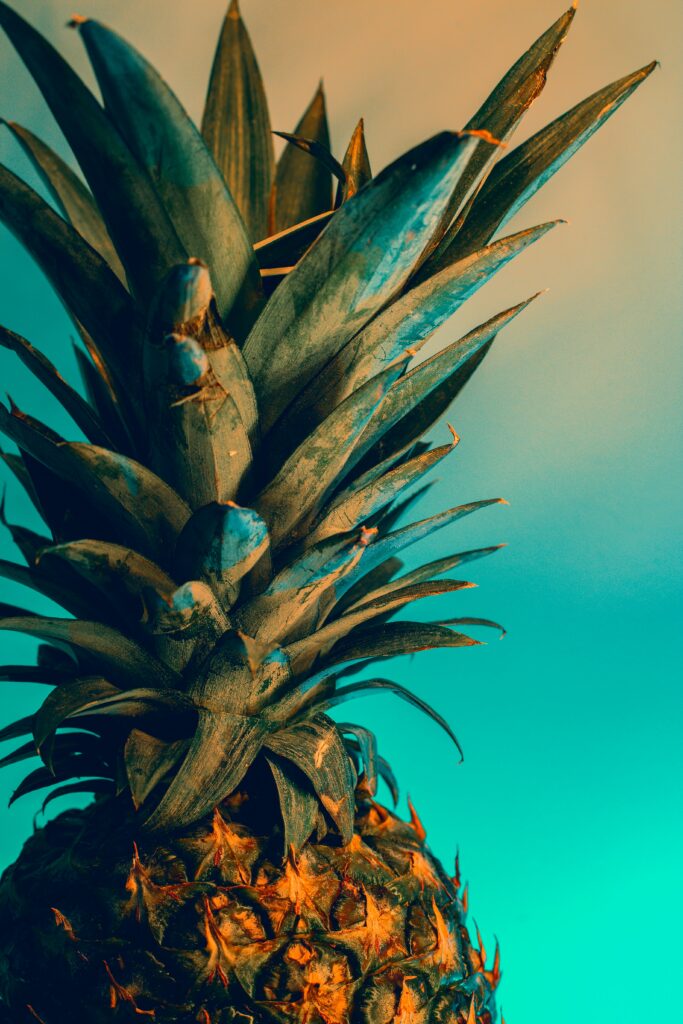 Vibrant Pineapple Close-Up: Textured Rind & Green Crown Wallpaper