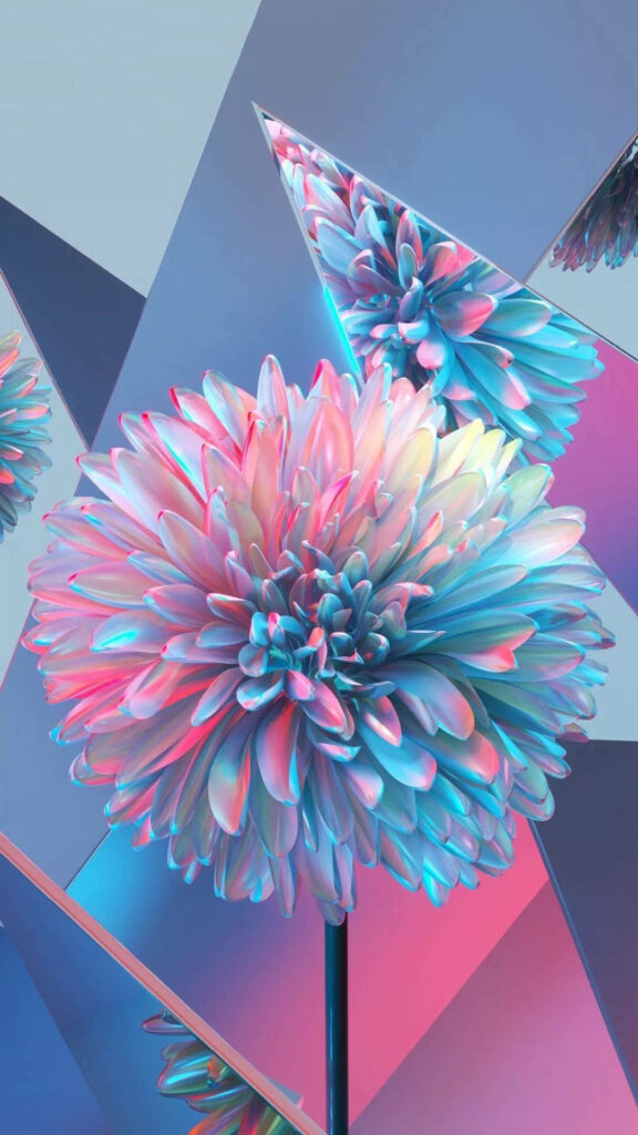 Vibrant Pink and Blue Fluorescent Flower Wallpaper with Geometric Background