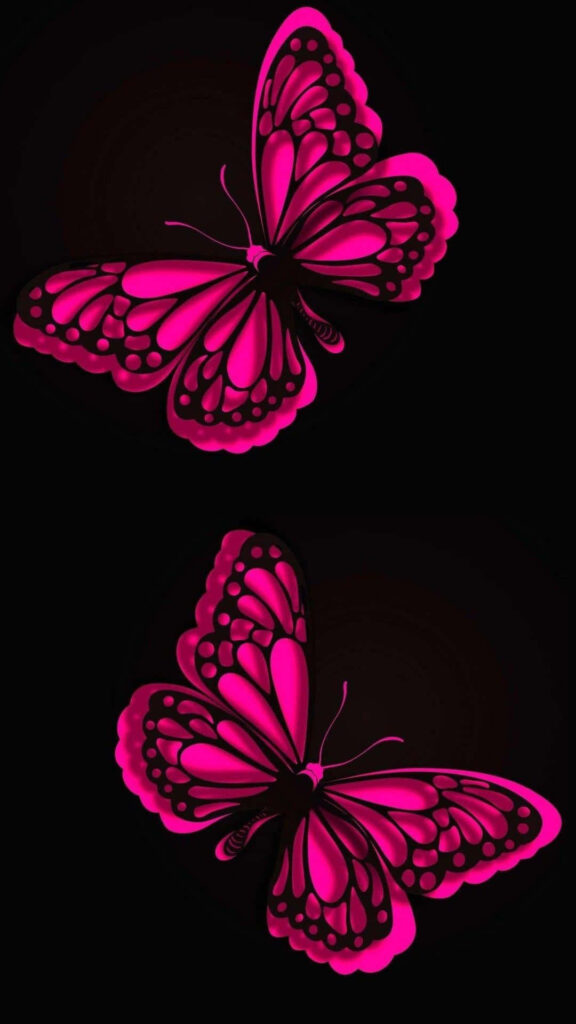 Vibrant Pink Butterflies on Black Background - Elegant Wallpaper Design