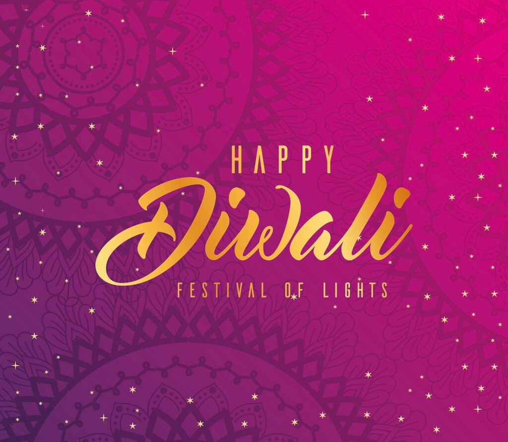 Vibrant Diwali wallpaper with pink gradient mandala patterns and elegant gold Festival of Lights text