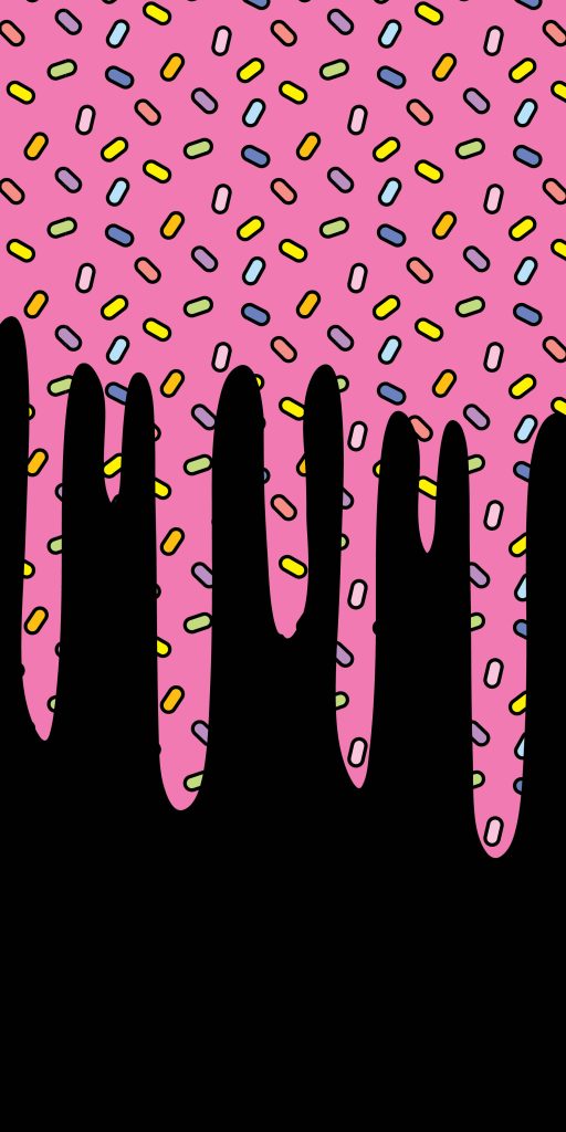 Pink frosting drip wallpaper with colorful sprinkles on sleek black background for mobile