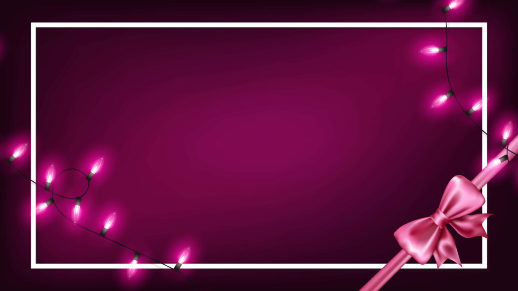 Vibrant pink wallpaper with glowing string lights shiny pink bow and white border festive background