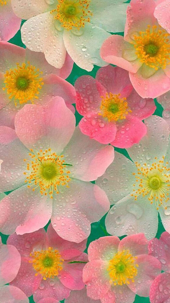 Vibrant Pink Flower Wallpaper with Dew in Sunlit Green Background